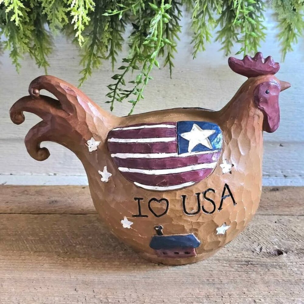 Primitive I Love USA Flag Americana Resin Chicken Figurine Farmhouse Decor